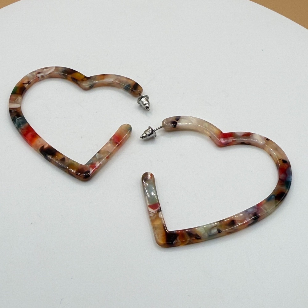 Multicolor Marbled Heart Hoop Earrings Acrylic Resin Statement Retro Boho Gift